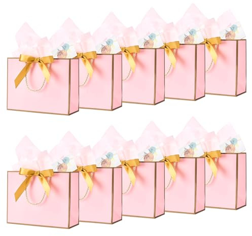 Pink Gift Bags for Present Medium Size | 10 Pcs Pink Gift Bags with Bows Cards Wrapping Paper Suitable Birthday Wedding Party Engagement Anniversary Christmas