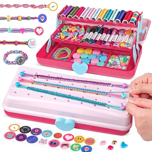 Kit de fabrication de bracelets d'amitié pour filles arts et métiers pour enfants créateur de bracelets en fil DIY jouets pour filles cadeaux de Pâques et d'anniversaire pour enfants (Pink/Rot)
