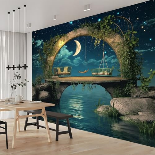 Papel de Pared Sueño Puente Luz De Las Estrellas Papel Tapiz Fotográfico No Tejido 200 x 140 cm Cafe, Restaurant Dormitorio Decoración De Papel Tapiz Mural El Hoga Murales Papel Pintado Azul