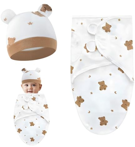 Couverture D'emmaillotage pour Bébé,73 x 50 cm Enveloppante Bébé Couvertures Emmailloteus,0-6 Mois Sac Couchage Emmaillotage avec Chapeau,Coton Gigoteuse Emmaillotage,Unisex(Motif Ours Brun)