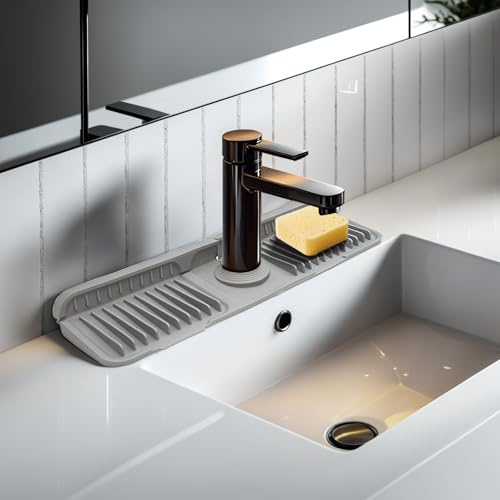 17.7 Gray Button Style Faucet Drip Catcher – Silicone Faucet Mat for Kitchen Sink, Leak-Proof Splash Guard with 6° Slope | Behind Faucet Draining Mat & Easy Gadgets for Bathroom & Kitchen Countertops