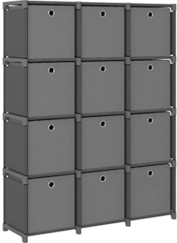 Mhdvray Libreria grigio 103 x 30 x 141 cm in acciaio e poliestere, 12 scomparti con scatole, moderna mensola per livingroom, camera da letto, ufficio