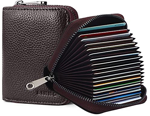 Goopai Porte-cartes RFID avec 20 compartiments pour cartes en cuir véritable - Portefeuille accordéon pour femmes ou hommes avec fermeture éclair, café, s, Classique