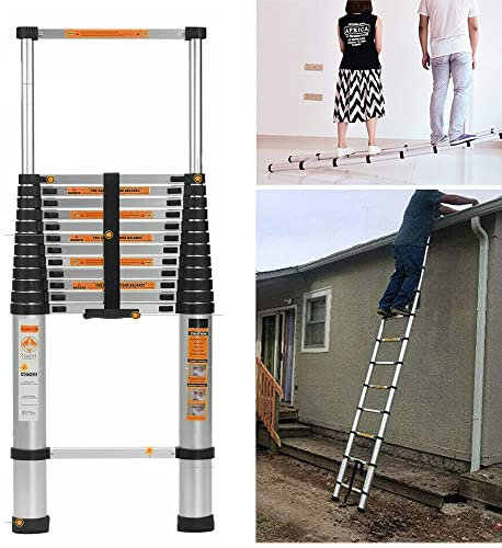 Escalera telescópica de 2,6 m de acero inoxidable, escalera deslizante, escalera de aluminio antideslizante, escalera extensible, 150 kg de capacidad de carga, EN131