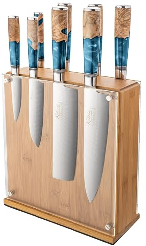Katana Saya Elements 9 Piece Knife Block Set, Ocean Blue, Japanese 67-Layer VG-10 Damascus Stainless Steel, Natural Olivewood and Resin Handle, Kitchen Knife