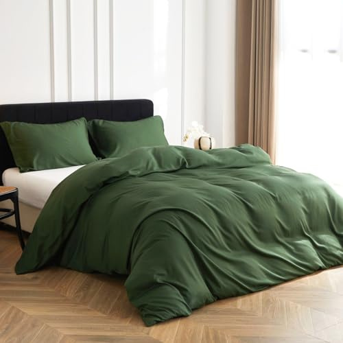 Simple&Opulence Set di Piumino in Viscosa di Bambù, Coperta per Letto Setosa e Morbida, Coperte Fresche Ideali per Pelle e Capelli con Fodere per Cuscino（verde scuro, 200×200）