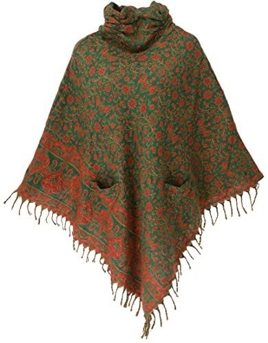 GURU SHOP Poncho Hippie Chic, Langer Paisley Poncho mit Gerafftem Kragen - Grün/rot, Damen