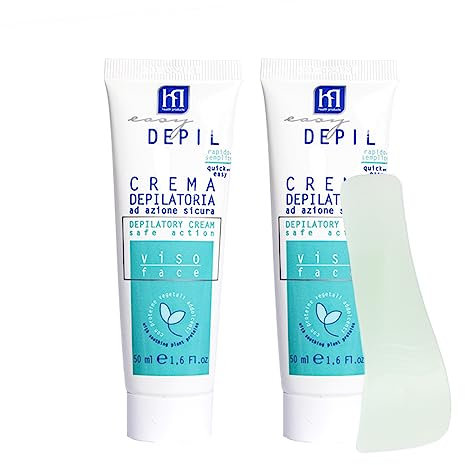Easy Depil KIT 2 PEZZI CREMA DEPILATORIA VISO (Baffetti, Peli Guance, Mento, Sopracciglia) da 50 ml. Rapida e facile da usare, efficace, sicura. Con Proteine Vegetali Addolcenti. Profumo gradevole.
