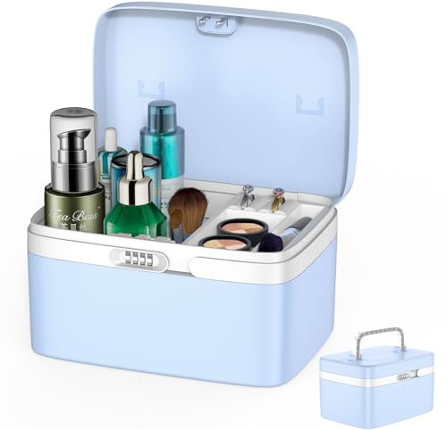 Kosmetikkoffer Groß Make up Koffer Schminkkoffer ABS Beauty Case Abschließbarer Friseurkoffer Nagelkoffer Werkzugkoffer Mädchen Schminkkoffer Beauty Case (Blue)