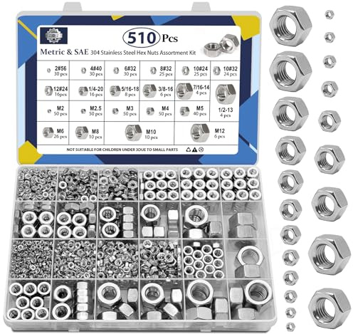 ZQZ 510 Pcs 2 in 1 SAE and Metric Stainless Steel Hex Nut Assortment Kit, 2#56 4#40 6#32 8#32 10#24 10#32 12#24 1/4-20 5/16-18 3/8-16 7/16-14 1/2-13 M2 M2.5 M3 M4 M5 M6 M8 M10 M12 Hardware Nuts Set