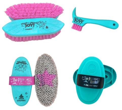 RL24 - Bürsten-Set Pummel Mooh von Haas (4-teilig) | Putzzeug für Pferde | enthält 4 Pferdebürsten | entfernt Staub, Schmutz | Fellpflege & Glanz | Kinder Pferde Zubehör in türkis/pink