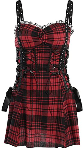 DINGJIUYAN Halloween Tartan Red Plaid Cold Shoulder Dress - Lace Up Bandage Gothic Prom Slip Eyelet Mini Dress - Red M