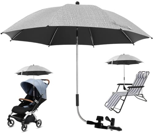 Universal Sonnenschirm für Kinderwagen & Buggy, Kinderwagen Sonnenschirm UV-Schutz 50+, 75/82 cm Durchmesser, Kinderwagen Regenschirm mit Verstellbarer Klemme und Verstellbarem Arm (Graue, 75cm)