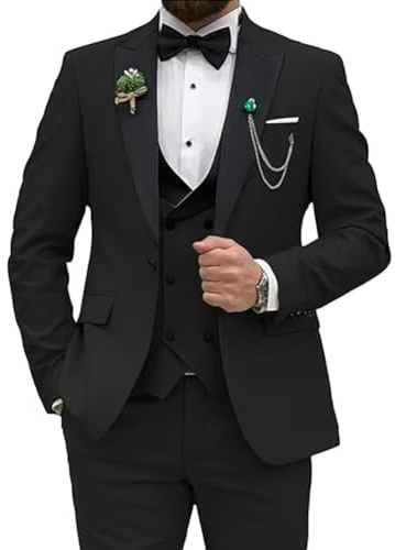 Män smal passform kostym 3 delar bröllopsfest bal passar en knapp jacka väst och byxor med slips, Svart, M