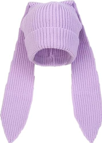 YEKEYI Orecchie Lunghe Divertente Cappello Knit Beanie Cappelli Carino Bunny Inverno Cap Caldo Knit Coniglio Crochet Skull Cap, Viola, Taglia unica