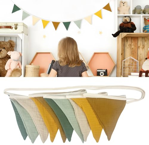 VLYX Fabric Bunting Banner, Baby Bunting for Nursery, Double Side Cloth Triangle Bunting for Garden Tea Wedding Shower Girls Boys Birthday Bedroom Decoration (Morandi Green)