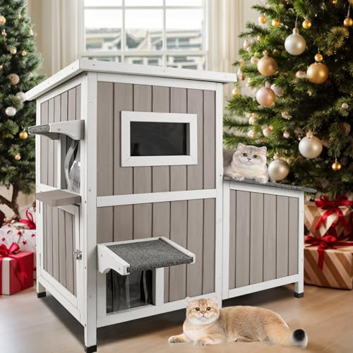 PetsCosset Cat House for Outdoor Cats Outside Feral Cat Shelter Weatherproof Wooden Cat Houses for 2-3 Cats with 3 Rooms 3 Escape Doors 2 Openable Asphalt Roofs