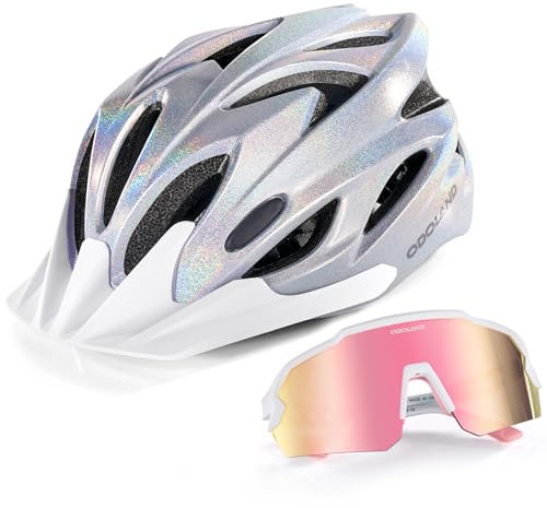 Odoland Flash Bike Helmet with Cycling Sunglasses - Adult Cycling Helmets for Road Bike Mountain Bike - Adjustable Lightweight Cycling Helmet for Men and Women Illusionary Silver