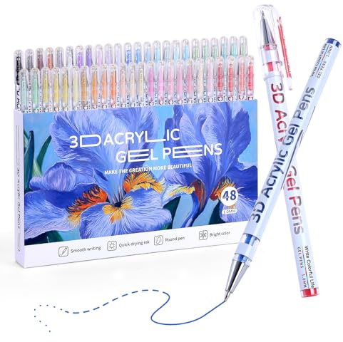 KEMYR Stylo à encre gel acrylique 3D, 48 couleurs, pointe ogive 1 mm, peinture acrylique pour papier noir, verre, bois, tissu, cartes, scrapbooking, loisirs