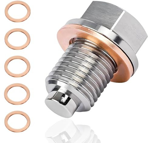 Magnetic Oil Drain Plug, Stainless Steel Sump Drain Nut Bolt, Magnetic Oil Drain Plug with 5 Copper Crush Washer,Oil Drain Plug Universal for Most Cars Motorcycle (M12 x 1.5)