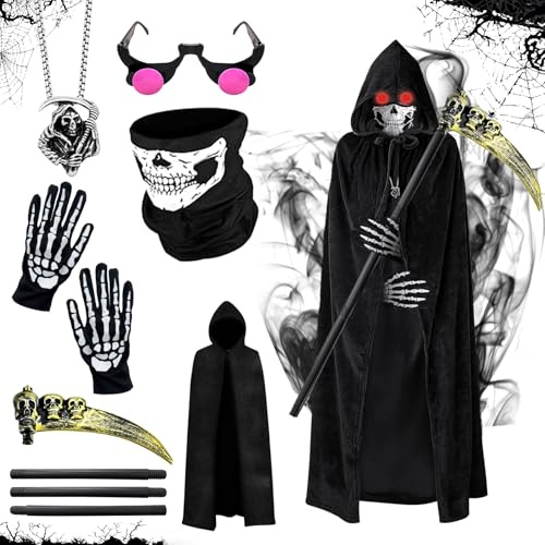 ePicsoa 6 PCS Black Grim Reaper Costume, 140cm Long Black Velvet Hooded Cape, Skull Face Mask, Skeleton Hand Gloves, Scythe Prop, Glasses and Cosplay Accessories, Halloween Skeleton Reaper Fancy Dress