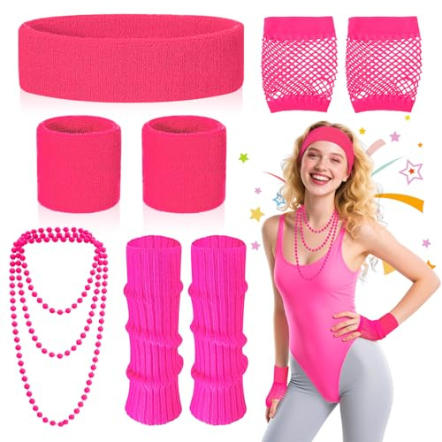 5Pcs Neon 80s Fancy Dress Costume Accessories Set for Women, Retro 80s Accessories with Leg Warmers, Fishnet Gloves, Headband, Wristbands, Necklace, for 1980s Theme Party