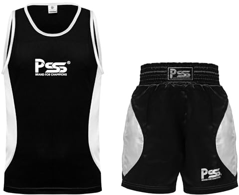 PSS Kids Boxing Uniform Set Sleeveless Tank Top & Shorts Trunks for Boys & Girls Youth Gear Ages 3-14 for Training, Sparring and Kickboxing Lightweight & Breathable (Black, 13-14 Years)