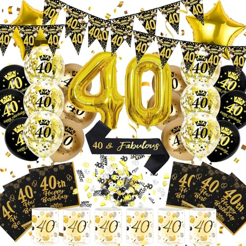 Décoration Anniversaire 40 Ans Femme Homme – Kit Déco Table Happy 40th Birthday Noir et Or, Ballons, Écharpe, Bannière, Serviettes, Lanternes, Confettis (Kit Deco Anniversaire 40 Ans)