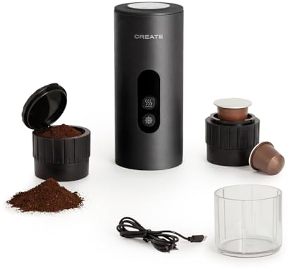 CREATE / THERA MOVE/Cafetera express portátil para cápsulas y café molido negro/Preparación en frío y en caliente, 15 bar, capacidad de 80ml, 150W