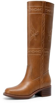 DREAM PAIRS Women's Stitching Vintage Knee High Boots,Tan,8