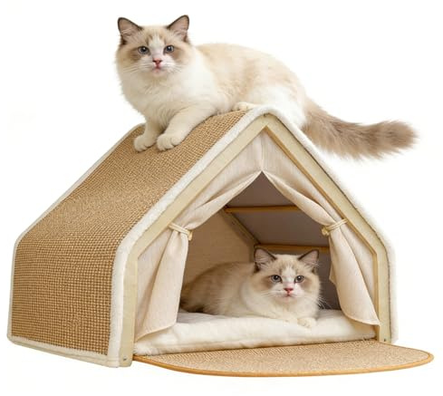 Ruiqas Caverna del Gatto al Coperto, Tenda del Gatto 2-in-1 con Tavola da Graffi, Telaio in Legno Cat Posto da Dormire per Più Gatti, Accogliente Rifugio con Tenda e Cuscino 52x40x40cm