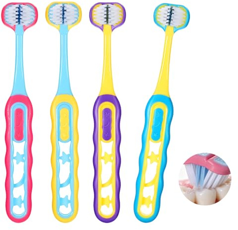 HJZHII 4 cepillos de dientes para niños pequeños, cerdas suaves, cepillo de dientes de 3 caras, cepillo de dientes de entrenamiento infantil, mango de fácil agarre y cuidado completo, cómodo para