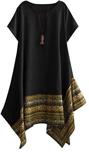 Vogstyle Donna Estate Lino Cotone Manica Corta Maglietta Tops Shirt Vestito Nero XL