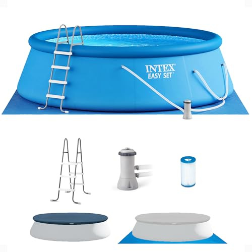 INTEX Easy Set 15 ft x 48in Above Ground Pool Set, Round Inflatable Swimming Pool with 1000 GPH Cartridge Filter Pump, Ladder, Cover, & Ground Cloth
