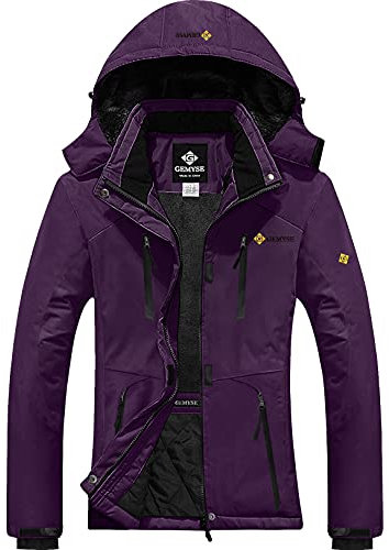 GEMYSE Damen Wasserdichte Skijacke Winddichte Fleece Outdoor Winterjacke Regenjacke mit Kapuze (Dunkelviolett,L)