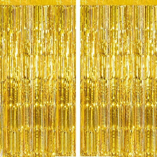 CHRORINE 2pcs 3ft x 8.3ft Gold Tinsel Foil Fringe Curtains Streamers Backdrop for Birthday Graduation Wedding Engagement Bridal Shower Bachelorette Holiday Gold Party Decorations