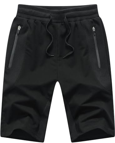 JustSun Short Homme Sport Coton Summer Running Short avec Poches Zippées Taille élastique Noir M