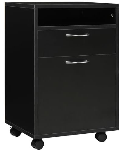 HOMCOM Rollcontainer mit 2 Schubladen mobiler Aktenschrank mit Rollen, offen Fach, Büroschrank, Bürocontainer, Schreibtisch Unterschrank für Büro, Homeoffice, 40 x 35 x 60 cm, Schwarz