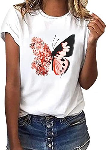 heekpek Camiseta Manga Corta Mujer Blanca Basicas T-Shirt Mujer Algodon Casual Cuello Redondo Camiseta de Verano con Estampado, Mariposa, XXL