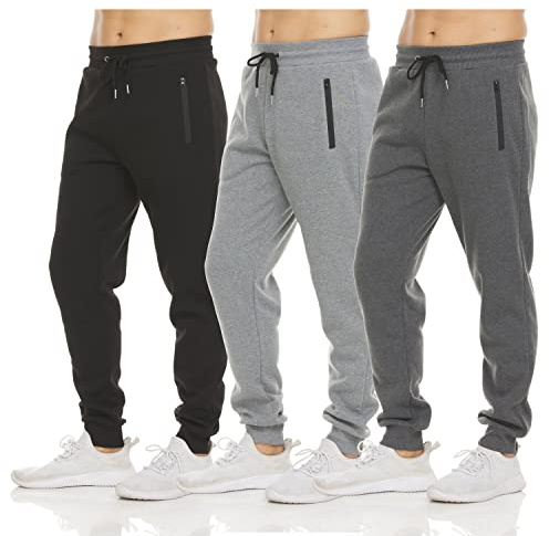 PURE CHAMP 3-pack fleece aktiv atletisk träning joggingbyxor för män med blixtlåsficka och dragsko storlek S-3XL, Set 1, S