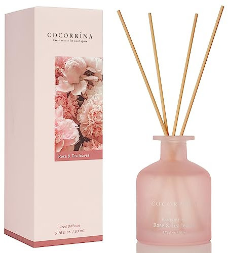 COCORRÍNA Diffusore Profumo Ambiente - Rosa e Foglie di tè 200ml Diffusore con Bastoncini Diffusore di Canne di Oli Essenziali per la Casa per la Camera da Letto Bagno Scaffale Decorazione Ufficio