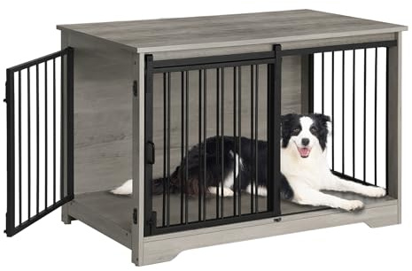 Hzuaneri Cage pour Chien, 100 cm Meuble Cage Chien, Cage Chien Interieur avec Porte coulissante, 2 Portes, Niche Moderne pour Chiens, 100 x 60 x 68 cm, Ivoire Clair DFC02305B