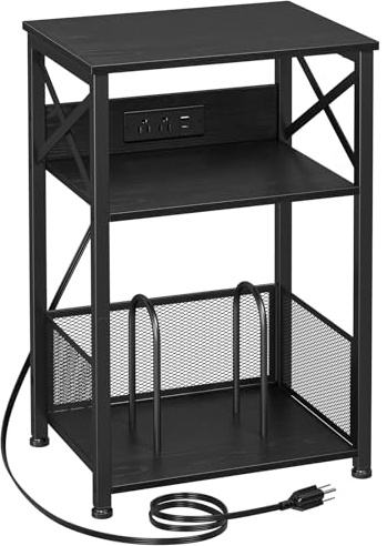 AMHANCIBLE Record Player Stand with Charging Station, Turntable Stand with Storage Cabinet, 3 Tier End Table Hold Up to 100 Albums, Record Stand for Vinyl, Living Room, Black, HETCD01BK-1