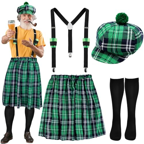 Pasimy St Patrick's Day Costumes Kit Include Adult Irish Plaid Green Kilt Suspenders with Cups Hat Sock for Men Women(Elegant Style)