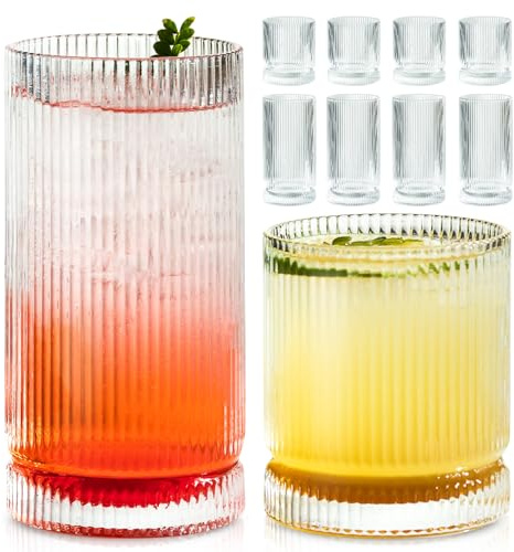 KEMORELA Juego de cristalería acanalada, estilo origami, vasos XL de 16 onzas con popotes, juego de cristalería vintage, tazas de vidrio, tazas de café helado, perfectas para cócteles, batidos, jugo,