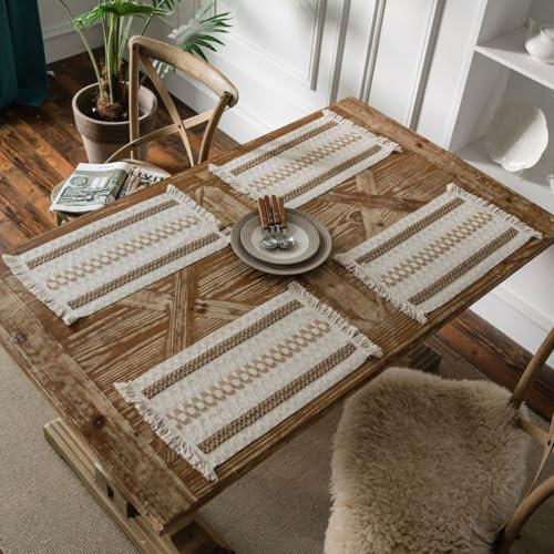 EOGIMI Boho Woven Placemats Set of 4 Brown/Beige Macrame Style Place Mats for Kitchen Table