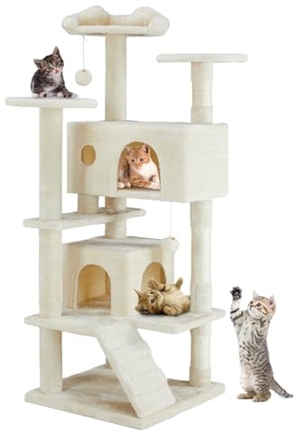 Sweetcrispy Kratzbaum,Katzenbaum Katzen Stabil,135cm Hoch,Mehrstöckiger Katzenkratzbaum Katzenmöbel mit Kratzsäulen Plattformen Höhlen Plüschbälle,Modernes Beige