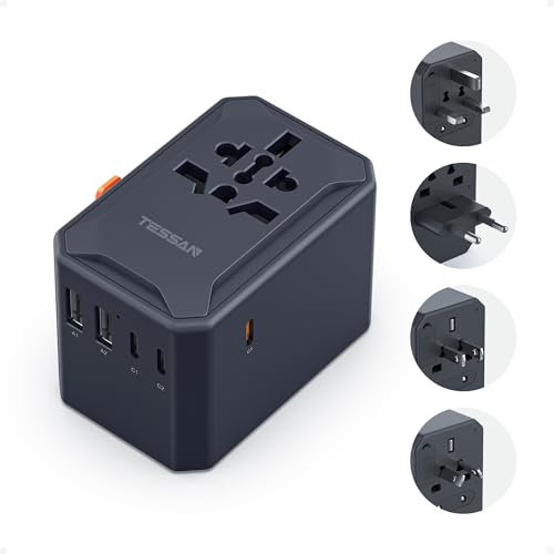TESSAN Adaptateur Prise Universelle avec USB C 65W PD GaN Chargeur Rapide, Adaptateur Voyage avec 5 USB, Chargeur Universel pour USA UK Japon, Chine, Irlande, Australie, Mexique, Thaïlande, Noir