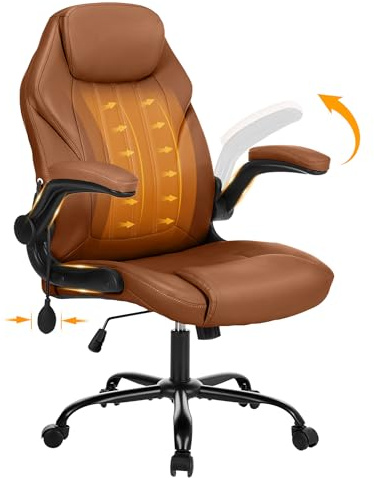 Office Desk Chair, Ergonomic Computer Chair with Padded Flip-Up Arms and Adjustable Lumbar Support, PU Leather Executive Chair with Tilt Lock and 360° Swivel Rolling Wheels for Work, Study