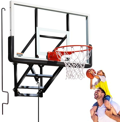 56.85 Wall Mounted Basketball Hoop with Tempered Glass Backboard Adjustable Height Basketball Goal Indoor Outdoor Use Easy Assemble Perfect for Garage Fitness Center Barn School Gym Camp Driveway